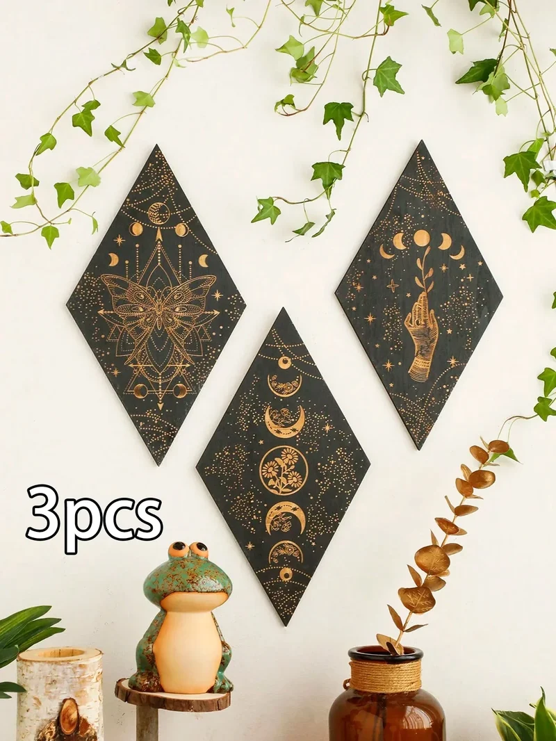 Skanto | Schwarze Mondphasen Holz Wanddeko Rhombus Wandkunst Boho Heimdeko Hexen Wandteppich Dekoration Raumdeko Ästhetisches Geschenk