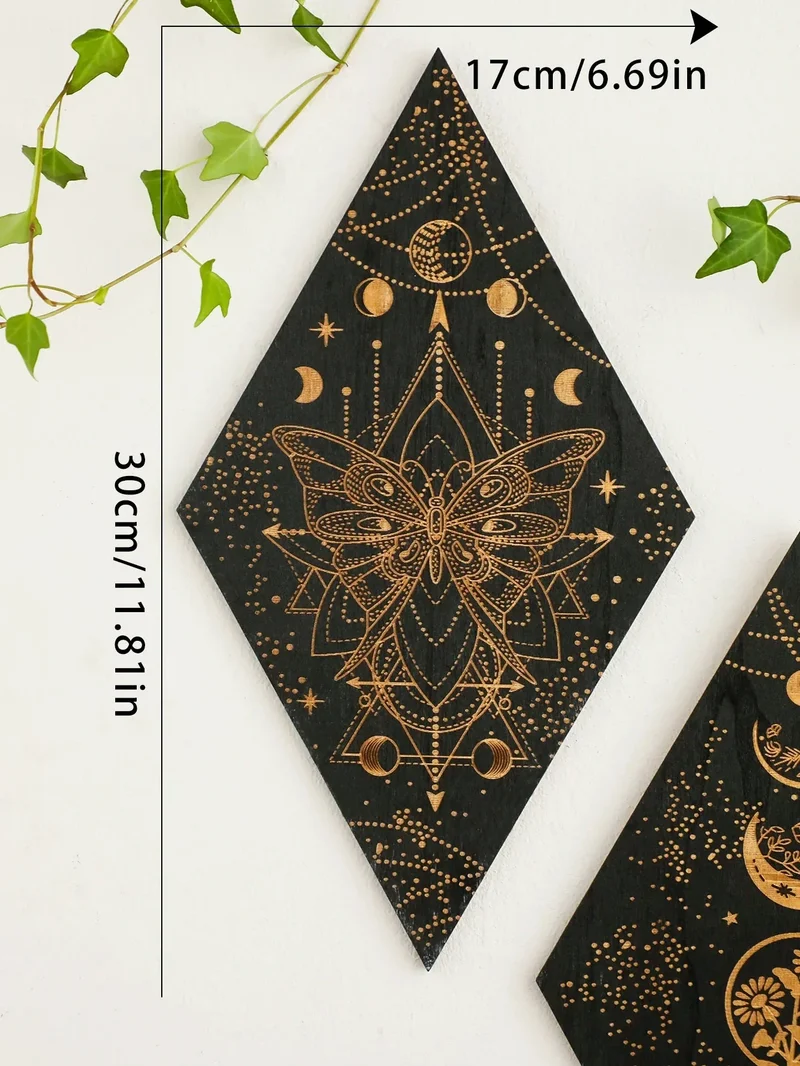 Skanto | Schwarze Mondphasen Holz Wanddeko Rhombus Wandkunst Boho Heimdeko Hexen Wandteppich Dekoration Raumdeko Ästhetisches Geschenk