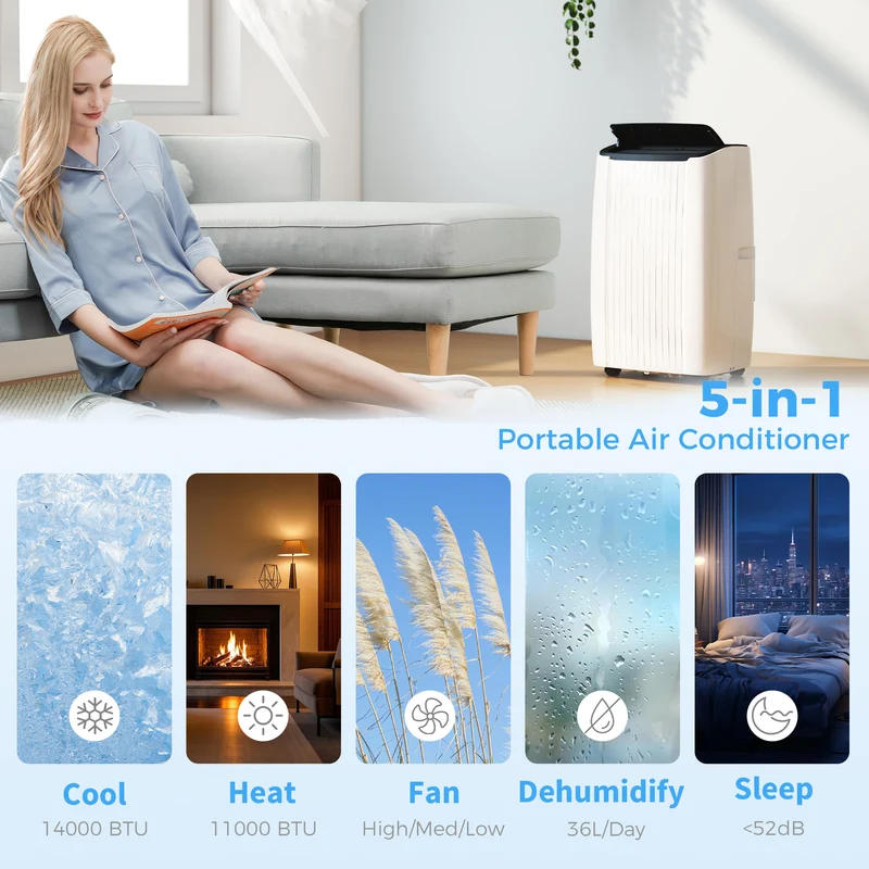 14000 BTU Portable AC with Heat & Dehumidify for Rooms up to 700 sq ft, White