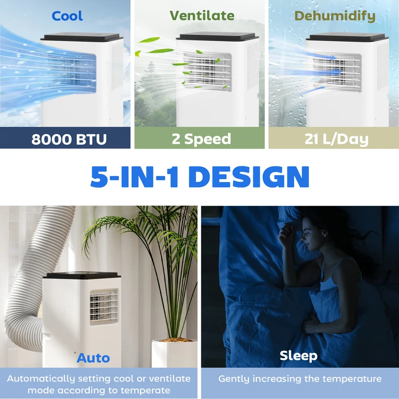 10000 BTU Portable AC, 3-in-1 Cooling & Dehumidifier for up to 440 Sq Ft, White