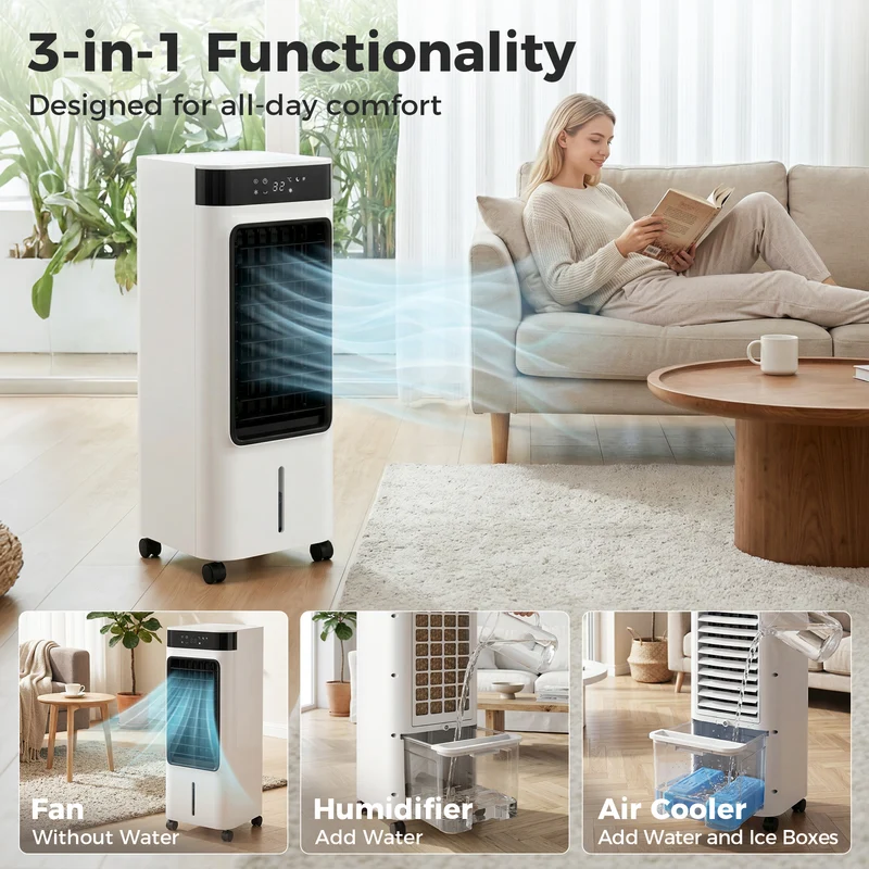 3-in-1 Evaporative Air Cooler with 7 L Tank, 48° Oscillation, Remote, White