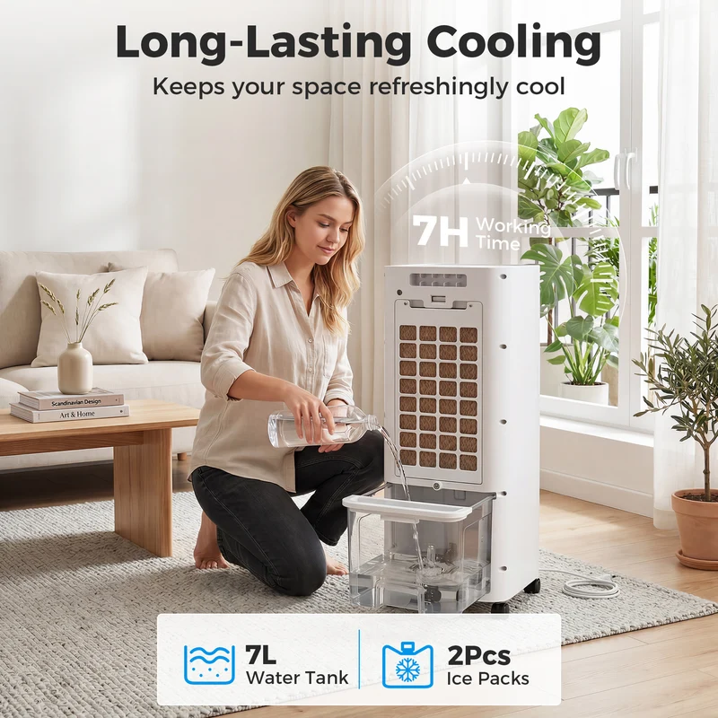 3-in-1 Evaporative Air Cooler with 7 L Tank, 48° Oscillation, Remote, White