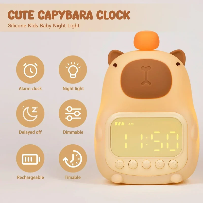 Skanto | Capybara Uhrenlampe – Wiederaufladbarer digitaler Wecker mit Nachtlicht & Schlummerfunktion