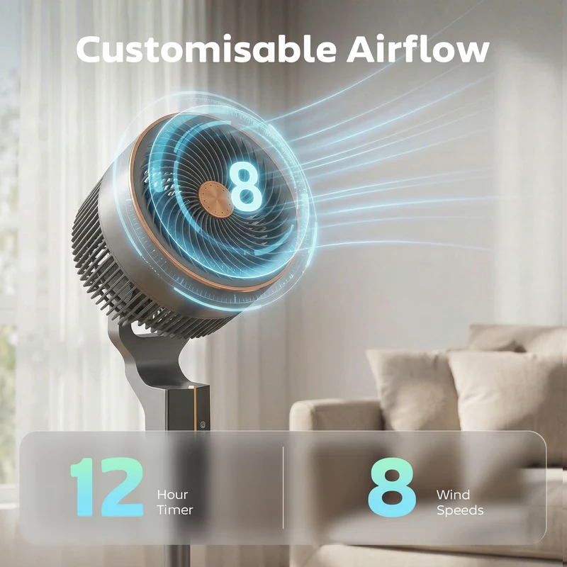 46" Silent Pedestal Fan with 8 Speeds, Remote Control & 12H Timer, 20 dB, Grey