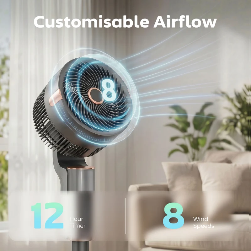 44" 20dB Silent Pedestal Fan with 8 Speeds, 55° Oscillation, LED & Remote, Grey