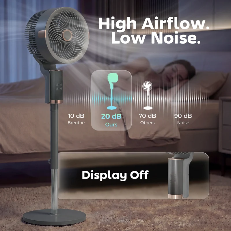 44" 20dB Silent Pedestal Fan with 8 Speeds, 55° Oscillation, LED & Remote, Grey
