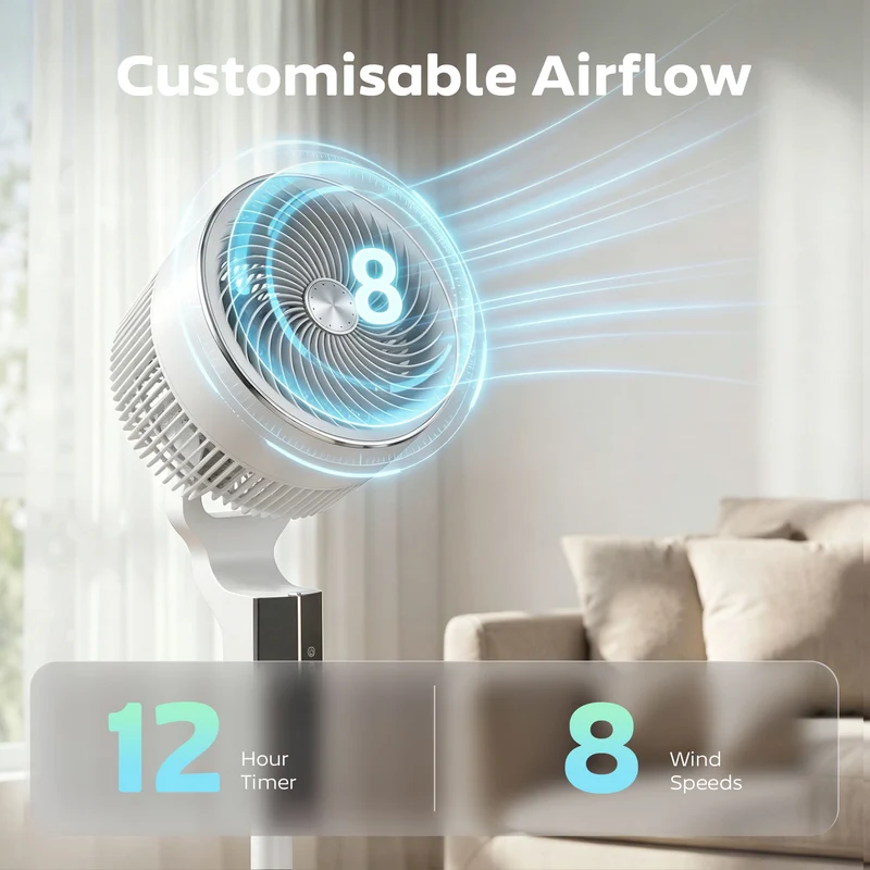 46" Pedestal Fan, 20 dB Quiet with 8 Speeds, Remote & 12H Timer, White