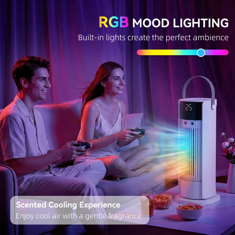 16" Mist Tower Fan with RGB Lights, 3-Speed, 90° Oscillating, 10H Timer, White