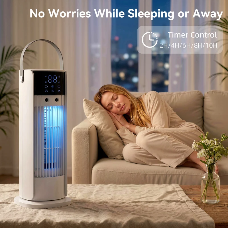 16" Mist Tower Fan with RGB Lights, 3-Speed, 90° Oscillating, 10H Timer, White