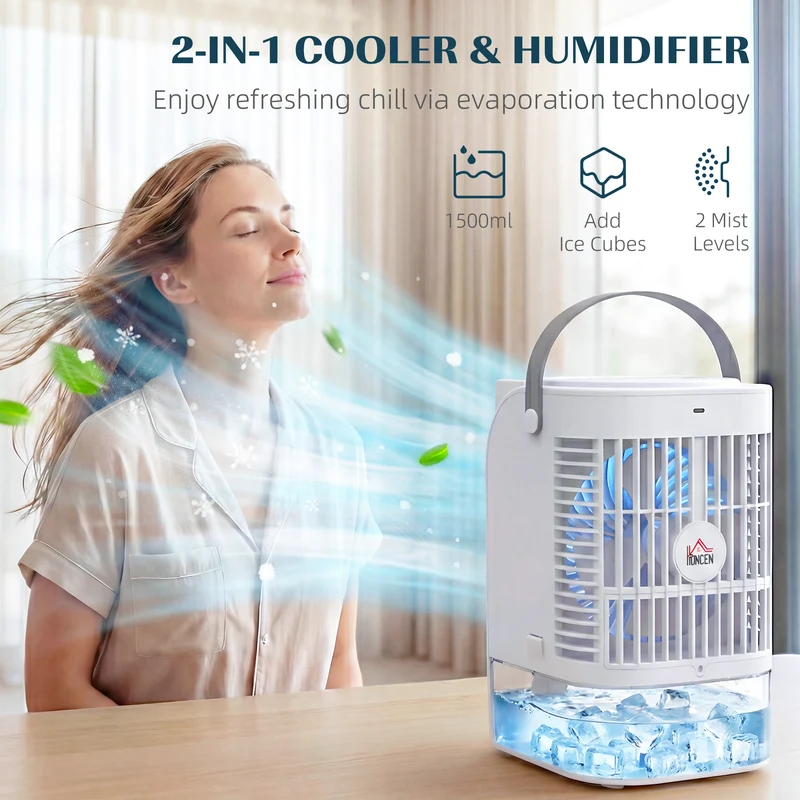 4-in-1 Portable Air Conditioner with 4 Speeds, 1500ml Tank, 2-6H Timer, White