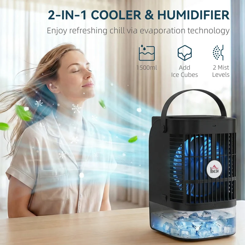 4-in-1 Portable Air Conditioner with 1500ml Tank, 4 Speeds & 2 Mist Modes, Black