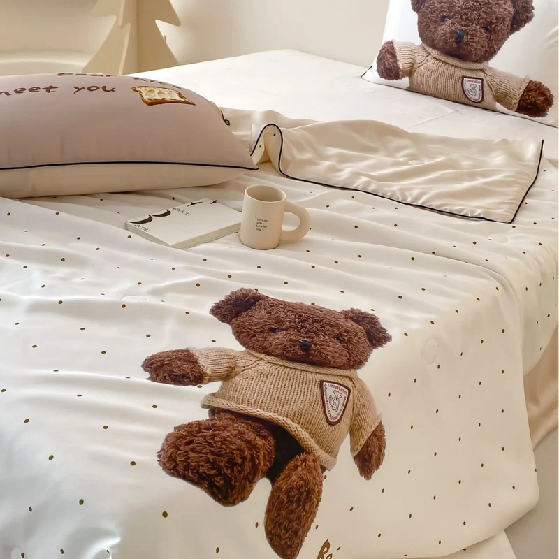 Kinder-Bettwäschegarnitur aus Baumwollsatin mit gestreiftem Muster und appliziertem Pinguinmotiv