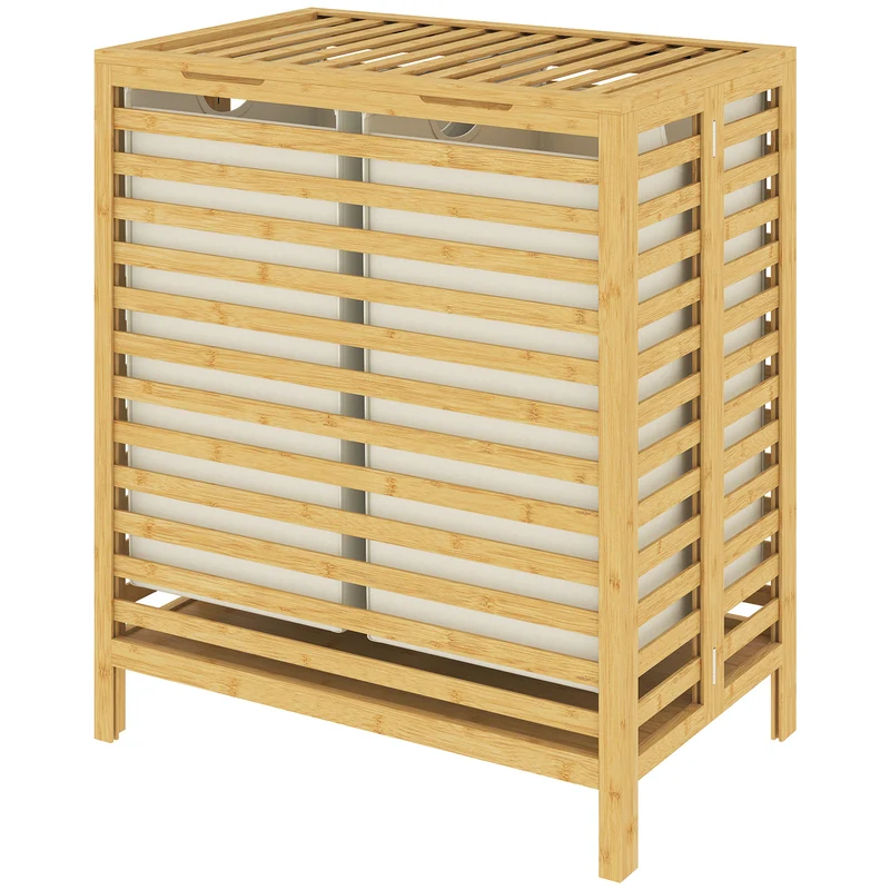 64L Double Bamboo Laundry Hamper with Lid and 2 Removable Liners, Cream White