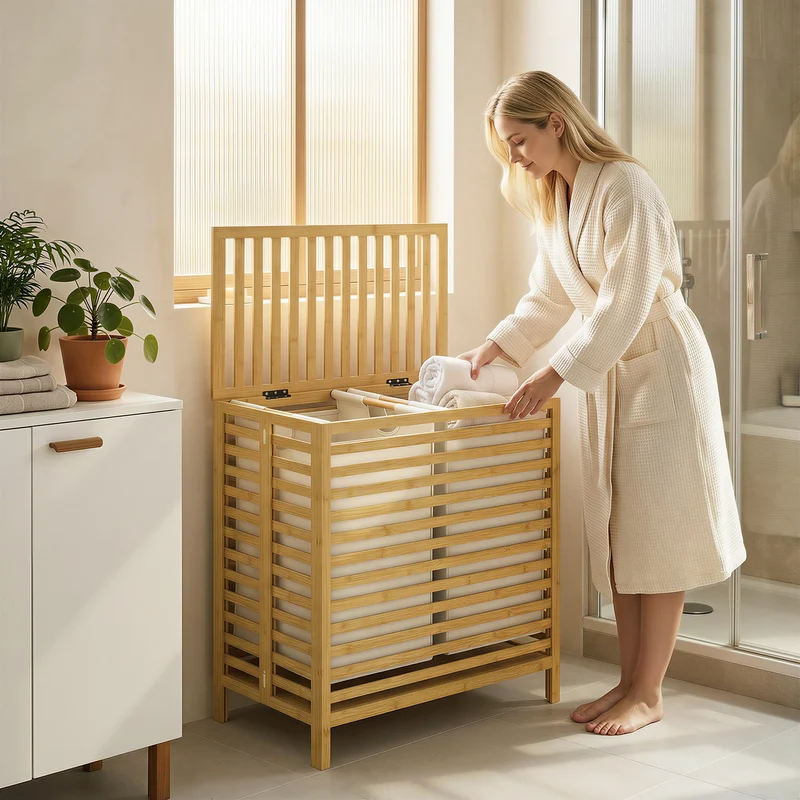 64L Double Bamboo Laundry Hamper with Lid and 2 Removable Liners, Cream White