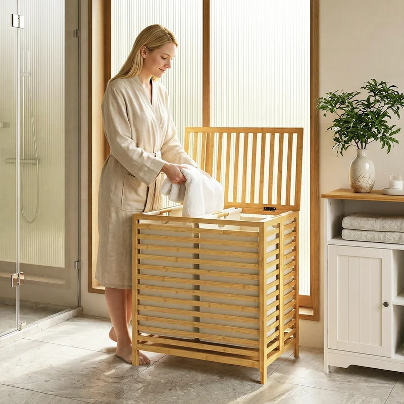 64L Double Bamboo Laundry Hamper with Lid and 2 Removable Liners, Cream White