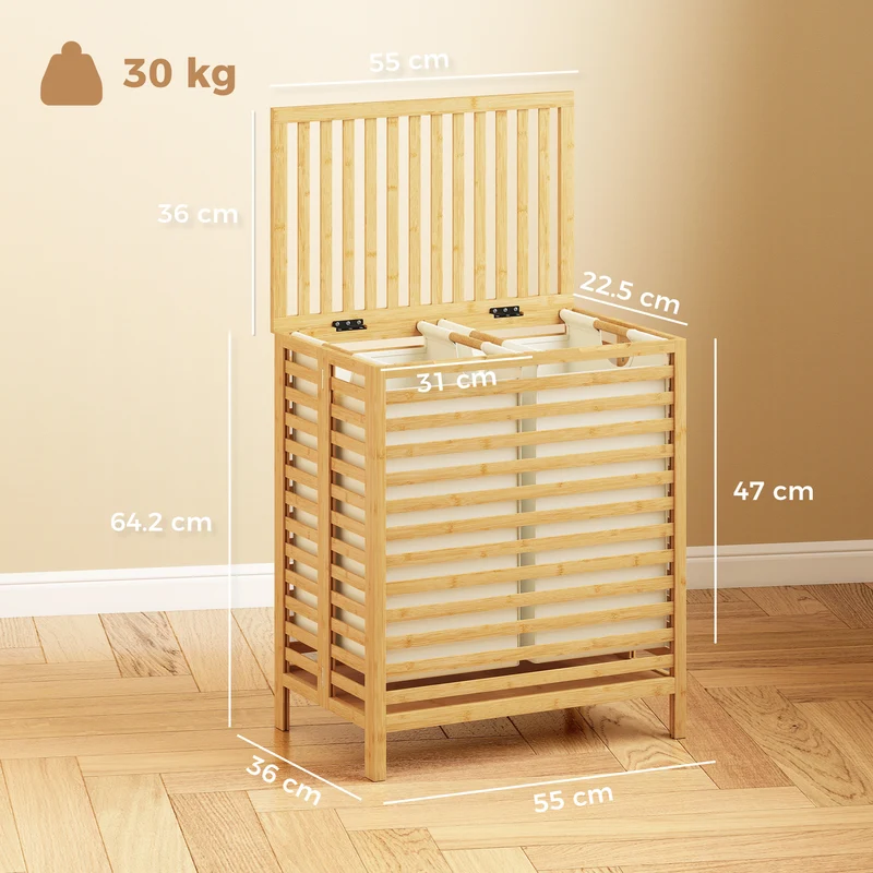 64L Double Bamboo Laundry Hamper with Lid and 2 Removable Liners, Cream White