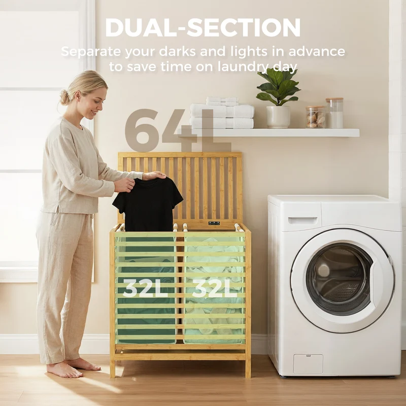 64L Double Bamboo Laundry Hamper with Lid and 2 Removable Liners, Cream White