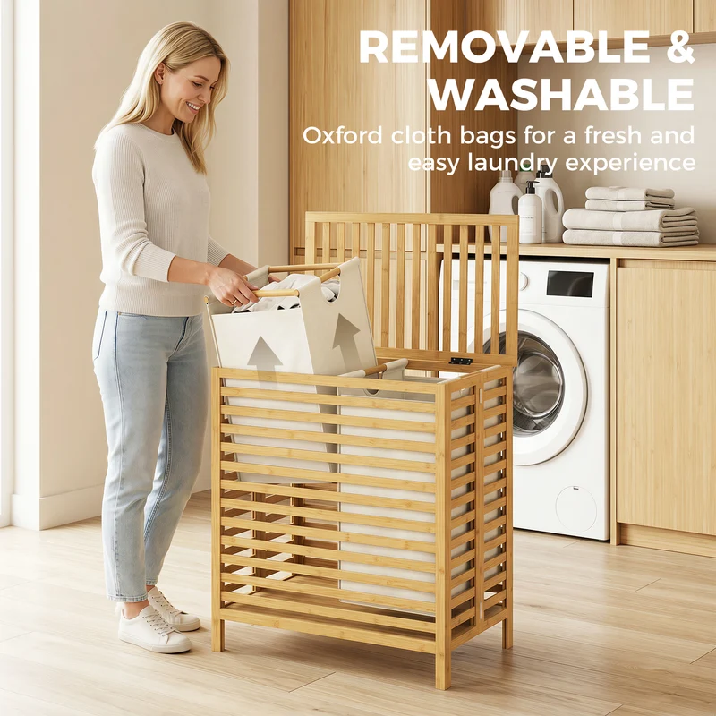 64L Double Bamboo Laundry Hamper with Lid and 2 Removable Liners, Cream White