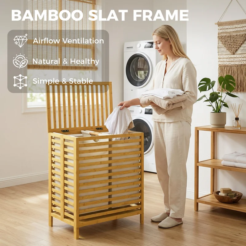 64L Double Bamboo Laundry Hamper with Lid and 2 Removable Liners, Cream White