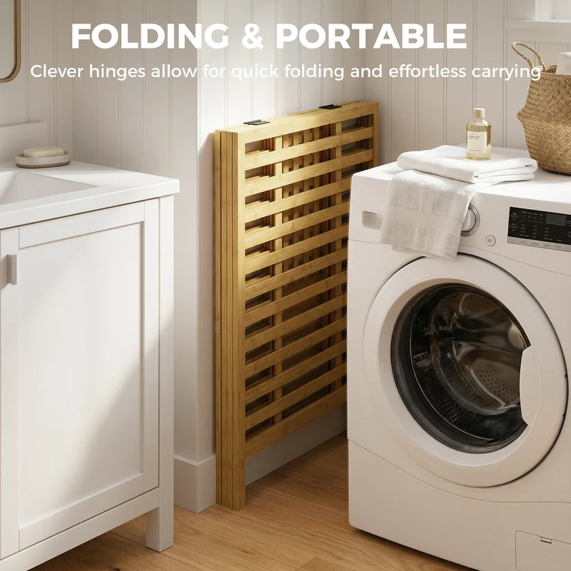 64L Double Bamboo Laundry Hamper with Lid and 2 Removable Liners, Cream White