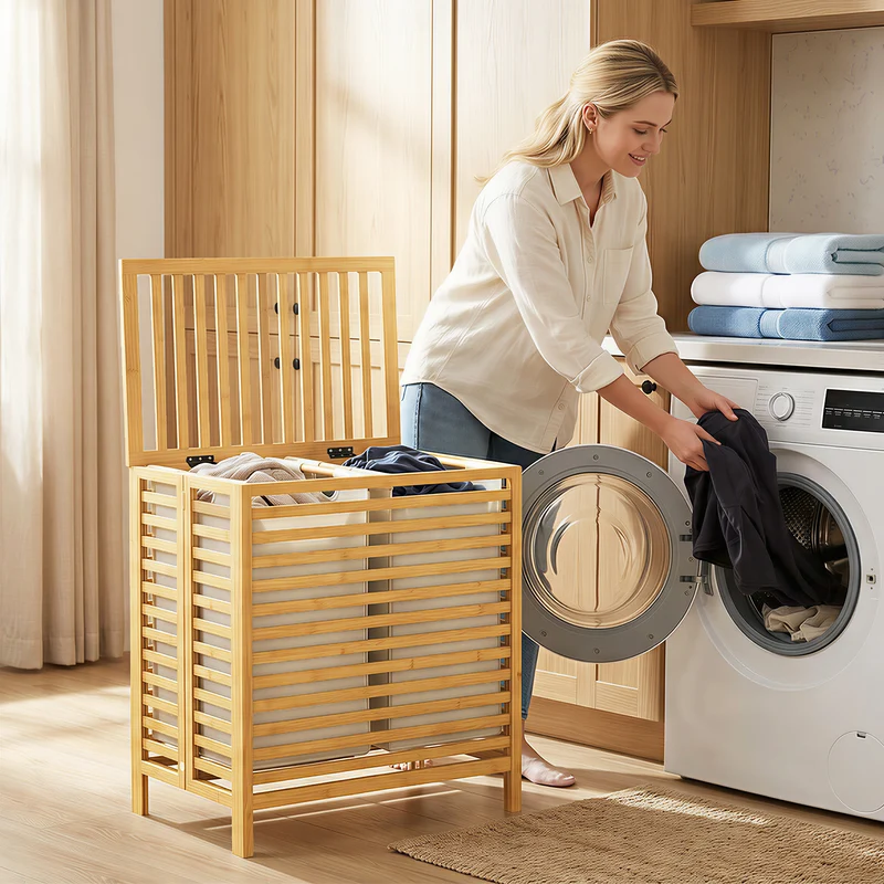 64L Double Bamboo Laundry Hamper with Lid and 2 Removable Liners, Cream White