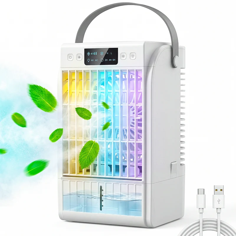 6.7" Desk Fan with RGB Light, Misting Humidifier, 4-Speed Fan, 0.4 gal White