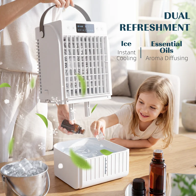 6.7" Desk Fan with RGB Light, Misting Humidifier, 4-Speed Fan, 0.4 gal White