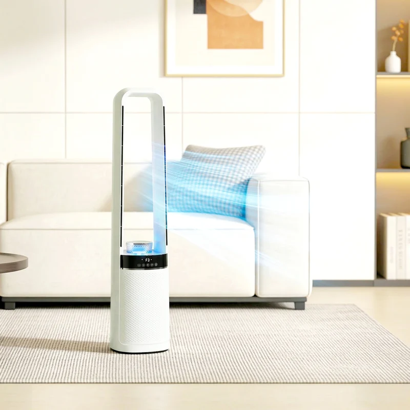 Bladeless Tower Fan for Bedroom, 36dB Standing Cooling Fan with 45° Oscillating, LED Lights, 3 Speeds, 12H Timer, Remote Control, 37 inch, White