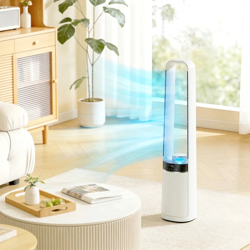 Bladeless Tower Fan for Bedroom, 36dB Standing Cooling Fan with 45° Oscillating, LED Lights, 3 Speeds, 12H Timer, Remote Control, 37 inch, White
