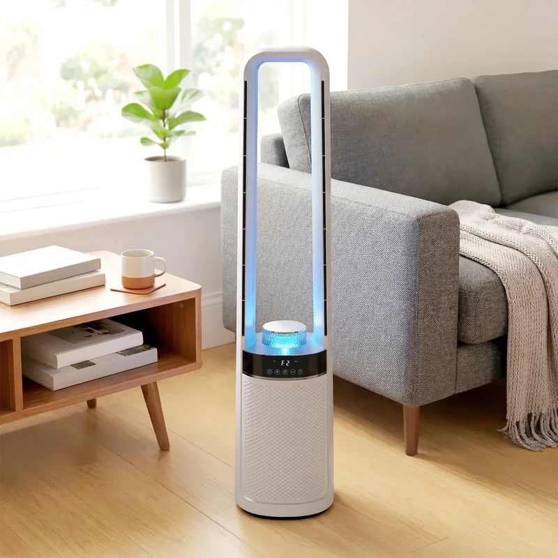 Bladeless Tower Fan for Bedroom, 36dB Standing Cooling Fan with 45° Oscillating, LED Lights, 3 Speeds, 12H Timer, Remote Control, 37 inch, White