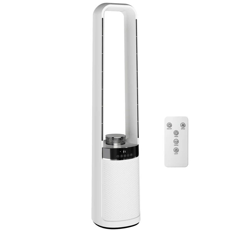 Bladeless Tower Fan for Bedroom, 36dB Standing Cooling Fan with 45° Oscillating, LED Lights, 3 Speeds, 12H Timer, Remote Control, 37 inch, White