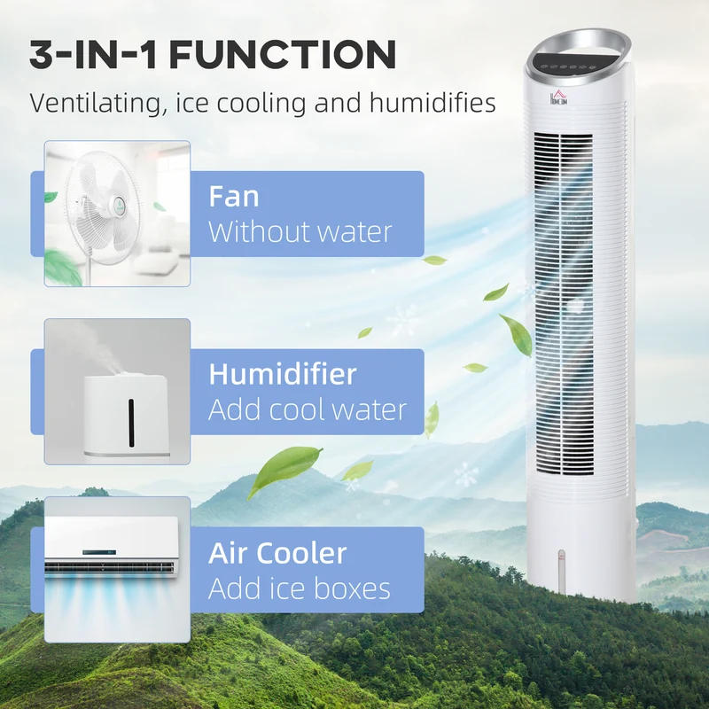 40" Portable Oscillating Air Cooler Fan 3 In 1 Standing Ice Floor Fan with Humidifier Remote White