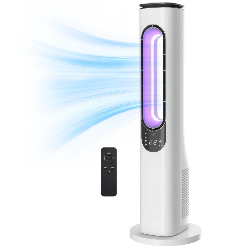 Bladeless Tower Fan for Bedroom, 35dB Standing Cooling Fan with 50° Oscillating, LED Lights, 3 Speeds, 3 Modes, 15H Timer, LED Display and Remote Control, White