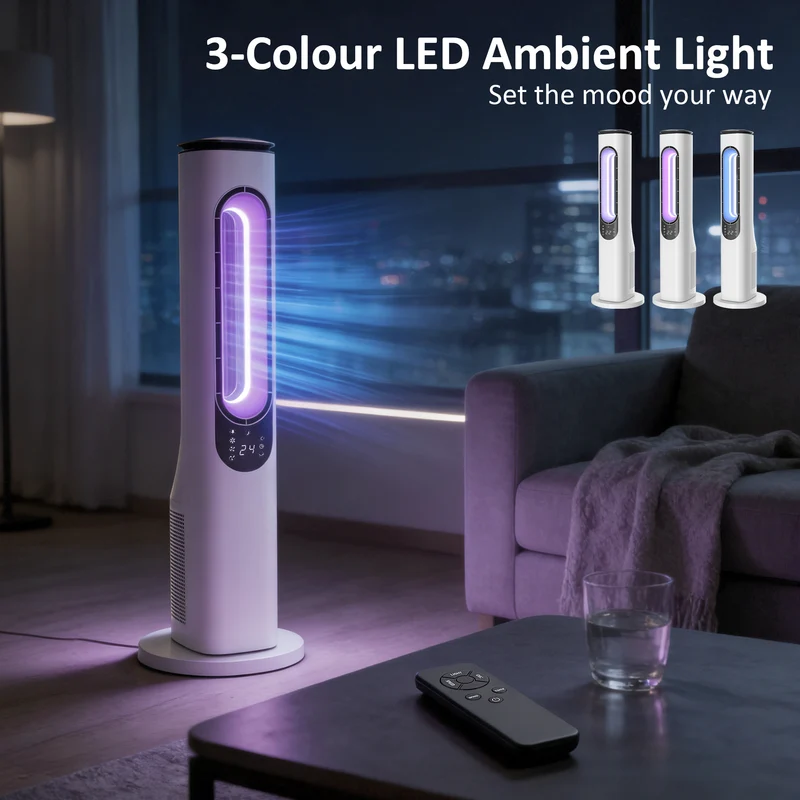 Bladeless Tower Fan for Bedroom, 35dB Standing Cooling Fan with 50° Oscillating, LED Lights, 3 Speeds, 3 Modes, 15H Timer, LED Display and Remote Control, White