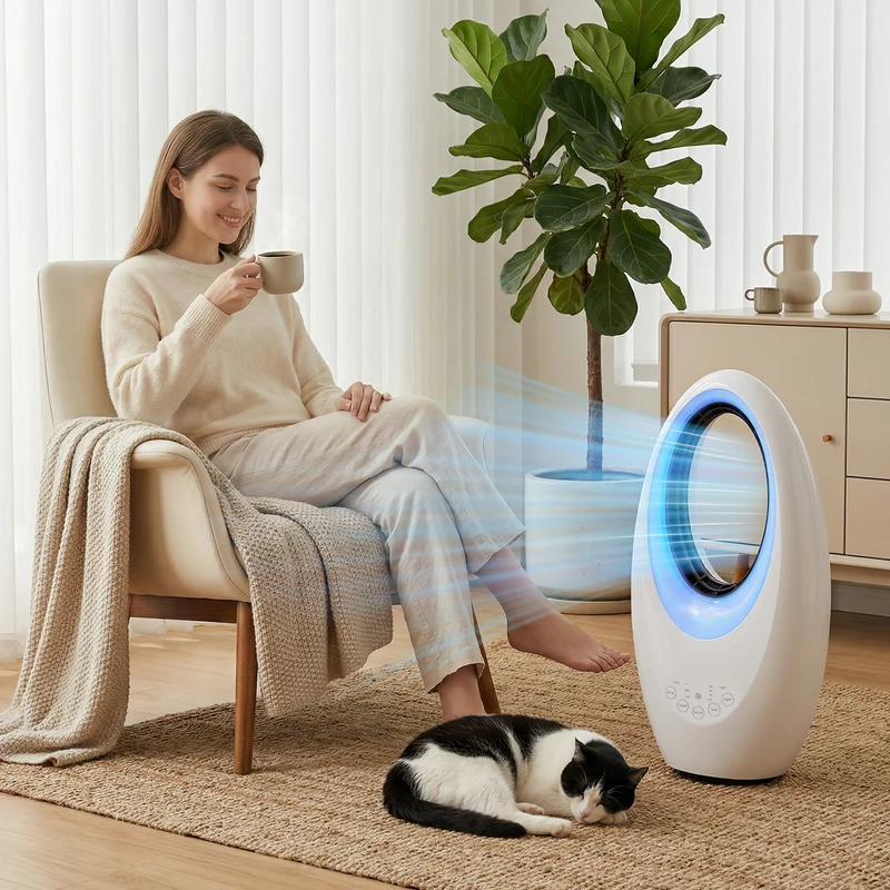 Bladeless Tower Fan for Bedroom, 36dB Standing Cooling Fan with 60° Oscillating, LED Lights, 3 Speeds, 7.5H Timer, Remote Control, White