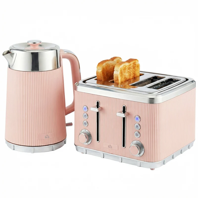 Electric Stainless Steel Kettle and Toaster Set, 3000W 1.7L UK Strix Thermostat Fast Boil Kettle w/ Limescale Filter, Cool Touch Body, 4 Slice Toaster with 7 Browning Levels, Crumb Tray, Pink