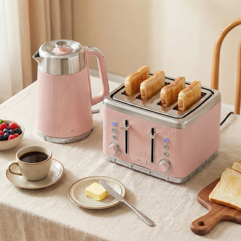 Electric Stainless Steel Kettle and Toaster Set, 3000W 1.7L UK Strix Thermostat Fast Boil Kettle w/ Limescale Filter, Cool Touch Body, 4 Slice Toaster with 7 Browning Levels, Crumb Tray, Pink