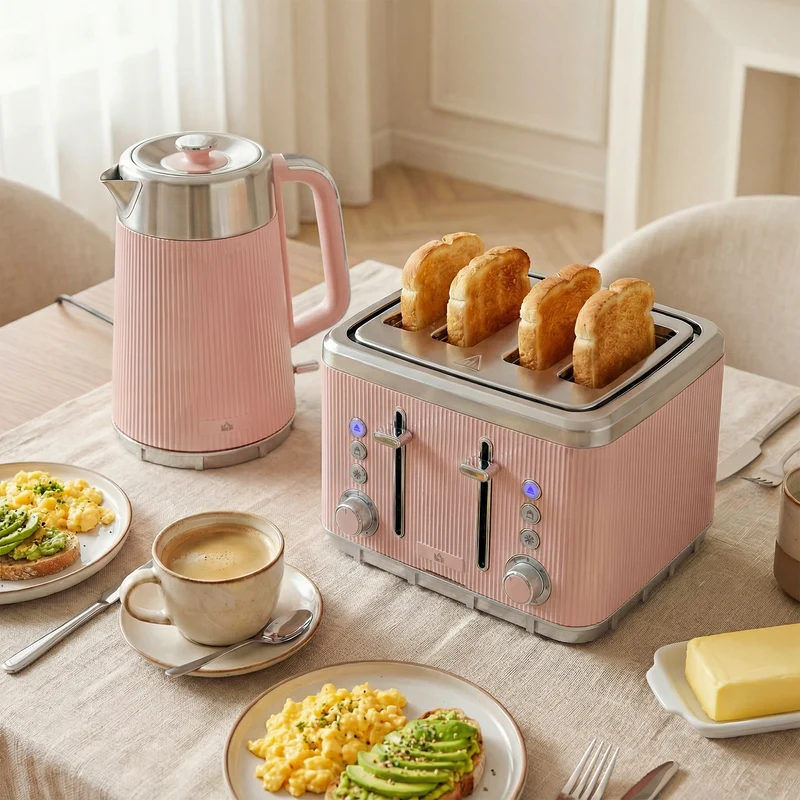 Electric Stainless Steel Kettle and Toaster Set, 3000W 1.7L UK Strix Thermostat Fast Boil Kettle w/ Limescale Filter, Cool Touch Body, 4 Slice Toaster with 7 Browning Levels, Crumb Tray, Pink