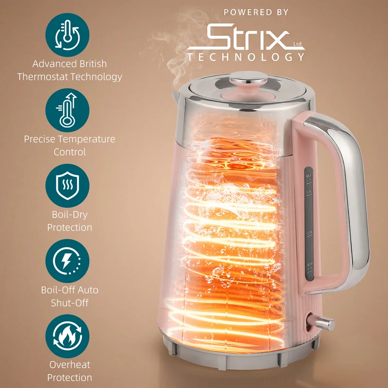 Electric Stainless Steel Kettle and Toaster Set, 3000W 1.7L UK Strix Thermostat Fast Boil Kettle w/ Limescale Filter, Cool Touch Body, 4 Slice Toaster with 7 Browning Levels, Crumb Tray, Pink