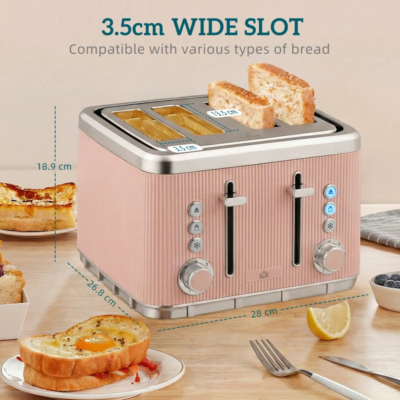Electric Stainless Steel Kettle and Toaster Set, 3000W 1.7L UK Strix Thermostat Fast Boil Kettle w/ Limescale Filter, Cool Touch Body, 4 Slice Toaster with 7 Browning Levels, Crumb Tray, Pink