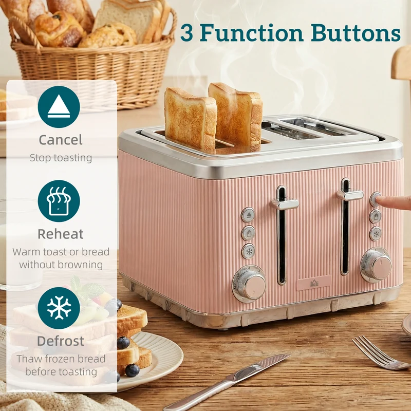 Electric Stainless Steel Kettle and Toaster Set, 3000W 1.7L UK Strix Thermostat Fast Boil Kettle w/ Limescale Filter, Cool Touch Body, 4 Slice Toaster with 7 Browning Levels, Crumb Tray, Pink