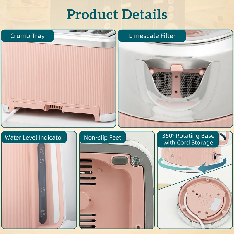 Electric Stainless Steel Kettle and Toaster Set, 3000W 1.7L UK Strix Thermostat Fast Boil Kettle w/ Limescale Filter, Cool Touch Body, 4 Slice Toaster with 7 Browning Levels, Crumb Tray, Pink