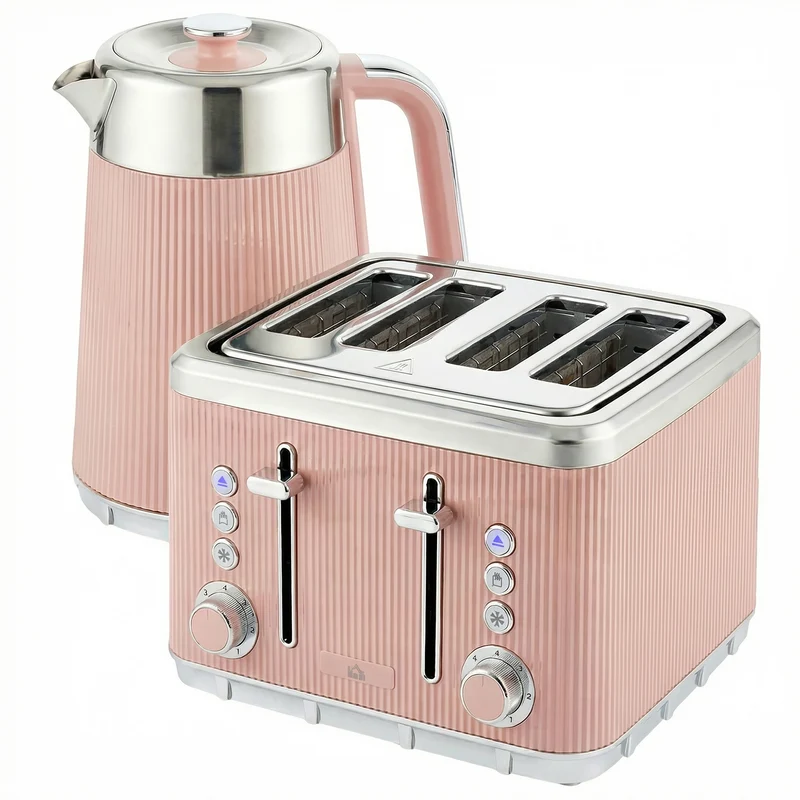 Electric Stainless Steel Kettle and Toaster Set, 3000W 1.7L UK Strix Thermostat Fast Boil Kettle w/ Limescale Filter, Cool Touch Body, 4 Slice Toaster with 7 Browning Levels, Crumb Tray, Pink