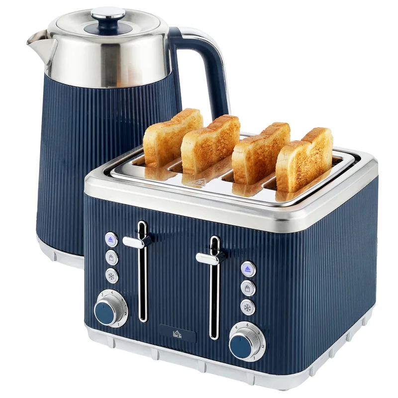 Electric Stainless Steel Kettle and Toaster Set, 3000W 1.7L UK Strix Thermostat Fast Boil Kettle w/ Limescale Filter, Cool Touch Body, 4 Slice Toaster with 7 Browning Levels, Dark Blue
