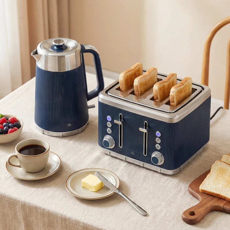 Electric Stainless Steel Kettle and Toaster Set, 3000W 1.7L UK Strix Thermostat Fast Boil Kettle w/ Limescale Filter, Cool Touch Body, 4 Slice Toaster with 7 Browning Levels, Dark Blue