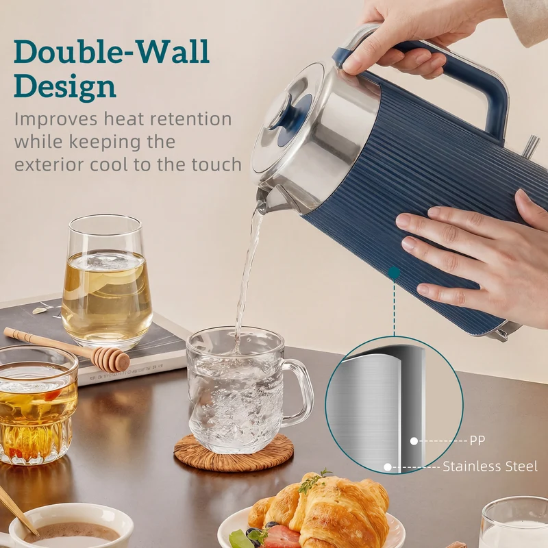 Electric Stainless Steel Kettle and Toaster Set, 3000W 1.7L UK Strix Thermostat Fast Boil Kettle w/ Limescale Filter, Cool Touch Body, 4 Slice Toaster with 7 Browning Levels, Dark Blue