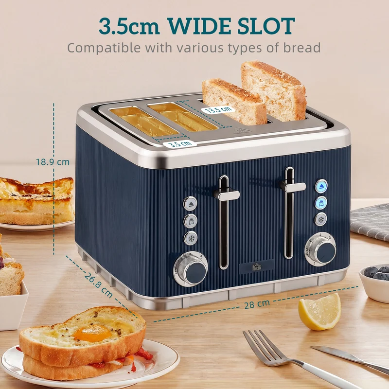 Electric Stainless Steel Kettle and Toaster Set, 3000W 1.7L UK Strix Thermostat Fast Boil Kettle w/ Limescale Filter, Cool Touch Body, 4 Slice Toaster with 7 Browning Levels, Dark Blue