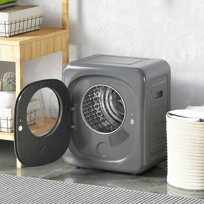 4kg Vented Tumble Dryer, 800W Compact Freestanding Front Tumble Dryer with 5 Drying Mode, Smart Sensor, Timer and Stainless Steel Tub, Wall-Mounted Portable Small Clothes Drying Machine, Grey