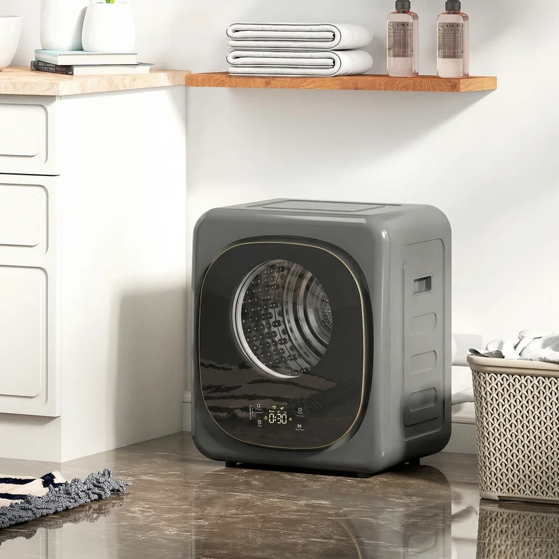 4kg Vented Tumble Dryer, 800W Compact Freestanding Front Tumble Dryer with 5 Drying Mode, Smart Sensor, Timer and Stainless Steel Tub, Wall-Mounted Portable Small Clothes Drying Machine, Grey
