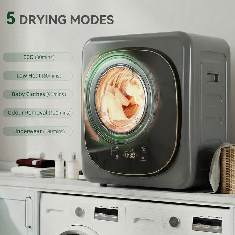 4kg Vented Tumble Dryer, 800W Compact Freestanding Front Tumble Dryer with 5 Drying Mode, Smart Sensor, Timer and Stainless Steel Tub, Wall-Mounted Portable Small Clothes Drying Machine, Grey